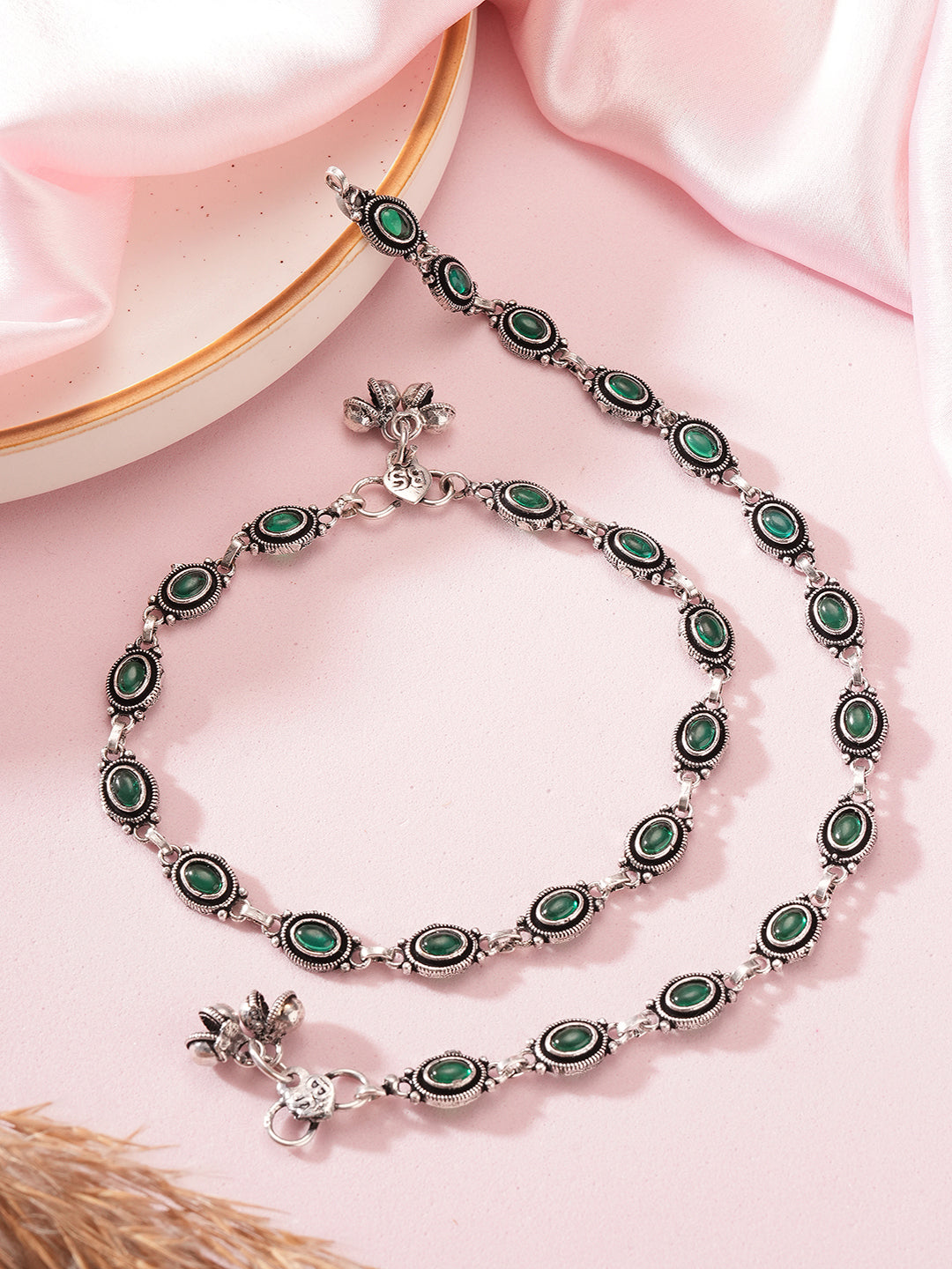 Set of 2 Silver Oxidised Emerald Green Stone Studded Oval Minimal Dailywear Anklet Payal